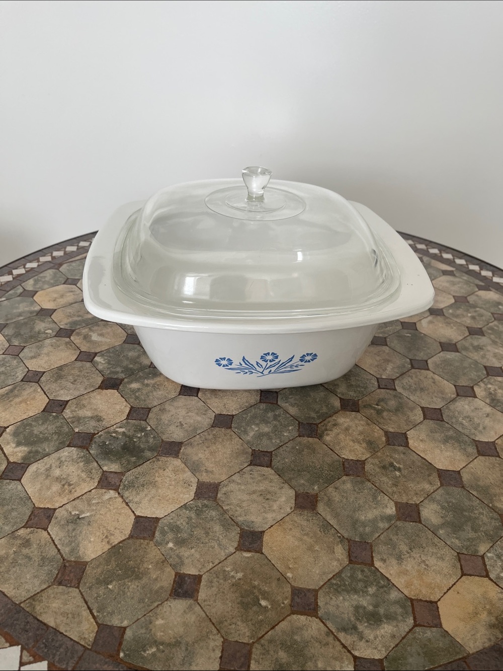 Cornflower Corningware White dutch oven3with Blue Floral Motif and Glass Lid